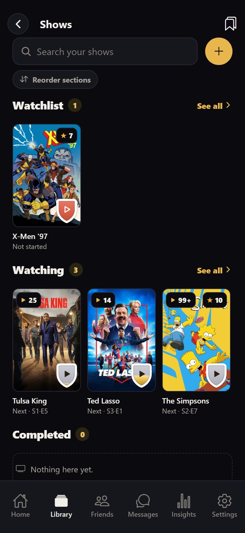 Your shows on organized shelves — watching and completed, with progress and ratings