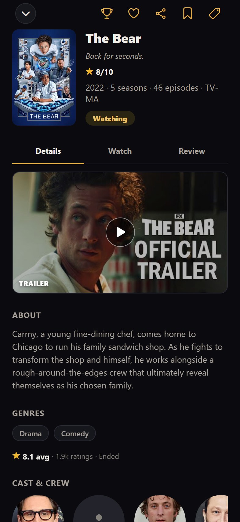 A rich detail page with trailer, rating, genres and cast