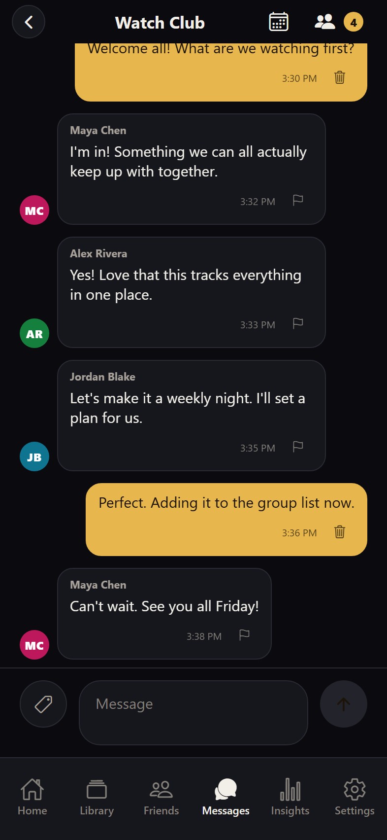 A group's spoiler-safe chat — plan a night in and talk about what you're watching together